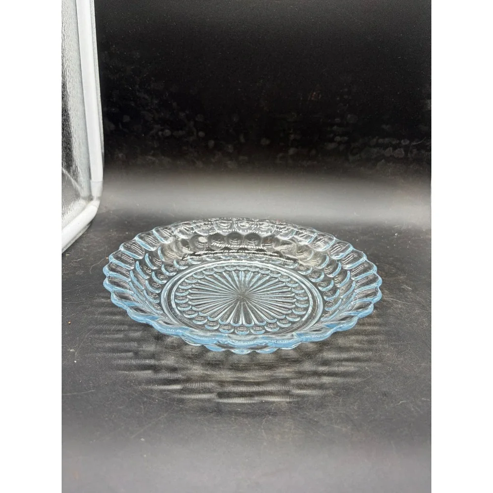 Vintage Light Blue Pressed Glass Scalloped Bubble Hobnail Dish Bowl 7.5 Inch